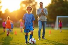 Ung fotballspiller går med ballen mens en voksen følger etter